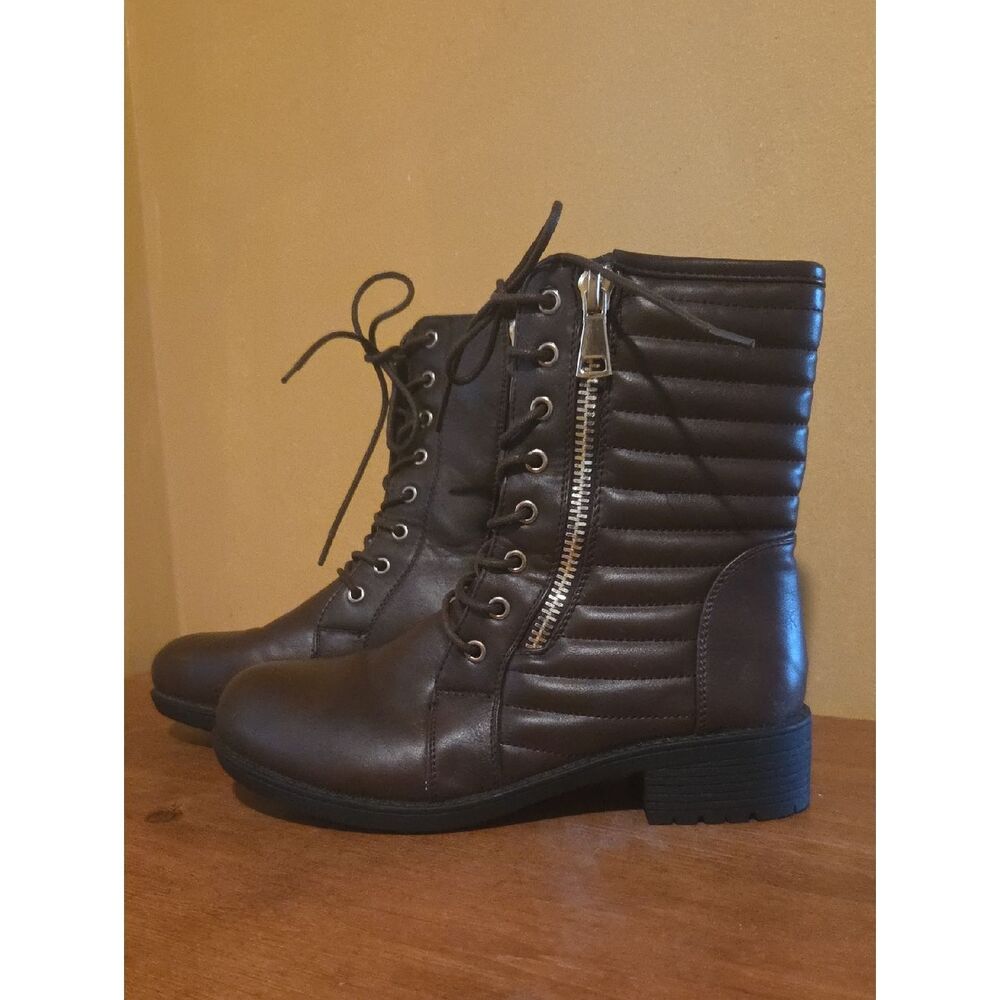 Quilted Lace-Up Ankle Boots with Side Zip in Dark Brown